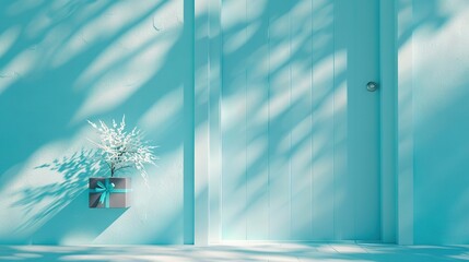 Wall Mural -   Potted plant on blue wall adjacent to blue door with blue ribbon