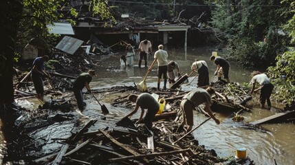 volunteers work tirelessly in a flooded area, clearing debris to help with disaster recovery after a