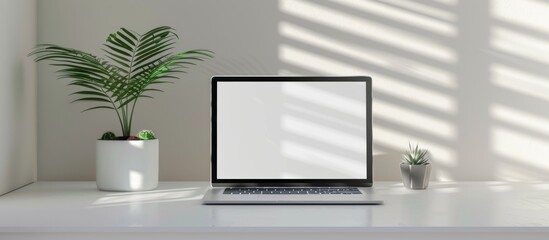 computer monitor with a white screen on a desk, with an office background. A web banner