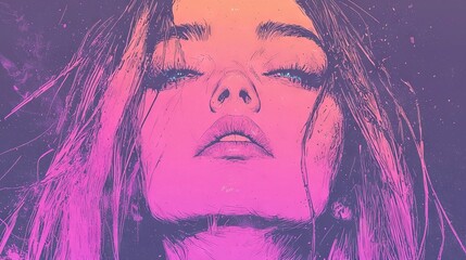 Sticker -   A close-up of a woman's face with her hair flowing in the wind against a pink and purple backdrop