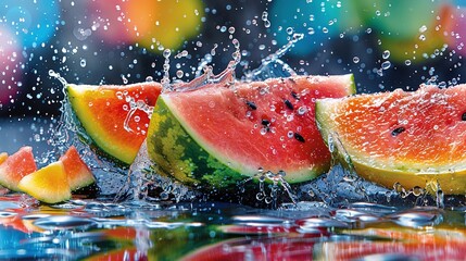 Wall Mural -   Watermelon slices drop into a pool, splashing