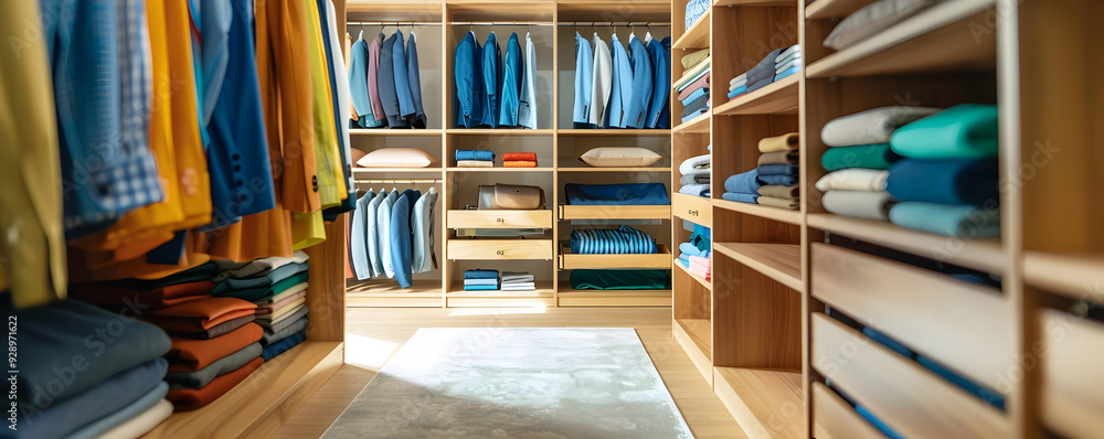 Well-Organized Walk-in Closet with Wooden Shelves and Drawers, Interior ...