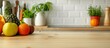 © EF Studio - kitchen with fruits and plants on it, with white walls in a blurred background. Web banner with copy space