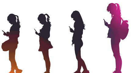 Canvas Print - Silhouettes of girls using smartphones and social media usage by people