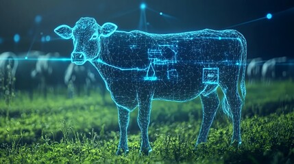 A blue, glowing cow silhouette standing in a grassy field with a blue, digital background.