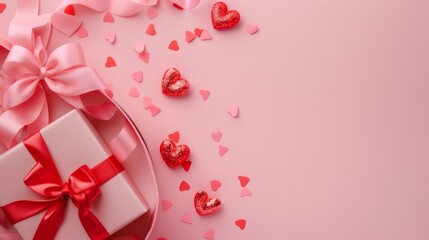 A white gift box with a red bow sits amid festive heart decorations and ribbons, set against a pink background, symbolizing love and celebration.