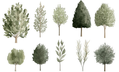 watercolor tree illustrations featuring a variety of green foliage and evergreen trees