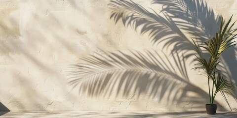 a palm tree casts its shadow on the wall, simple and elegant