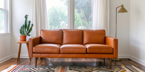 Wall Mural - brown leather sofa in front of the window, adorned with boho-inspired pillows and throw blankets on top.