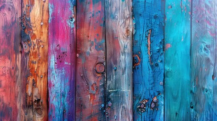 Wall Mural -   A close-up of a multicolored wooden fence with a bird perched atop it