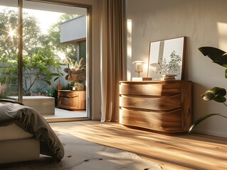 Poster - Modern Bedroom Interior Design with Wooden Dresser and Natural Light.