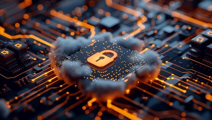 Wall Mural - A cloud with a padlock icon floating over a digital circuit board, symbolizing the security of Cloud project data in cyber space