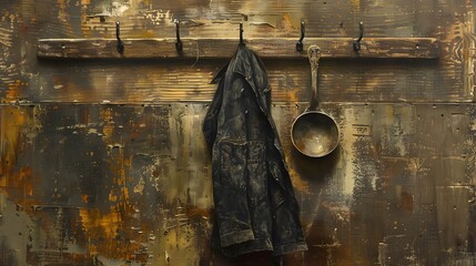 Canvas Print - Vintage Wooden Wall with Hooks, Jacket, and Metal Pan.