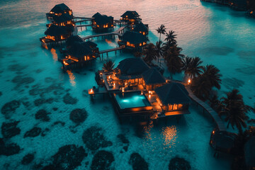 Aerial view of beach house with clear sea water at night, Landscape view of beach hut with raft and swimming pool.	