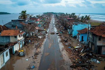 An image depicting the flooded streets of a town in the aftermath of a natural disaster, illustrating the extensive damage and the challenging path to recovery for the community.