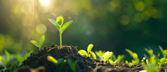 Wall Mural - A small green sprout emerges from the soil, surrounded by lush grass and sunlight filtering through the leaves of nearby trees