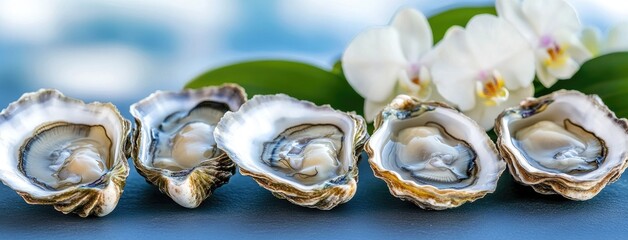 Oysters served on a beach with orchids and palm leaves under a clear blue sky