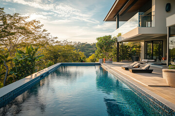 Wall Mural - Pool villa with swimming pool in the jungle view, Landscape view of modern house with pool for recreation.	
