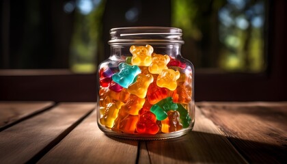 Photo of a colourful jar filled with gummy bears on a rustic wooden table created with Generative AI technology