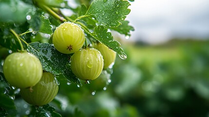 A close-up of a gooseberry bush after a rain shower, with droplets of water glistening on the leaves and berries, set against a cloudy sky