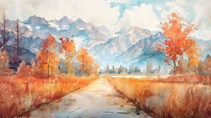 Sticker - Autumn Landscape with Mountains.