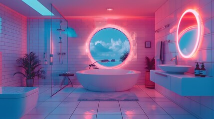 Canvas Print - Modern Bathroom with Neon Lights and Ocean View.