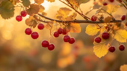 Poster - A detailed shot of a gooseberry bush in autumn, with a mix of ripe red berries and golden leaves, set against a soft, warm background