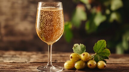 Wall Mural - A glass of sparkling gooseberry wine, with bubbles rising to the surface, set on a wooden table with a small bunch of gooseberries beside it