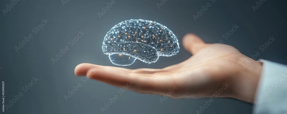 A hologram of a brain in hand showcases the intersection of technology ...