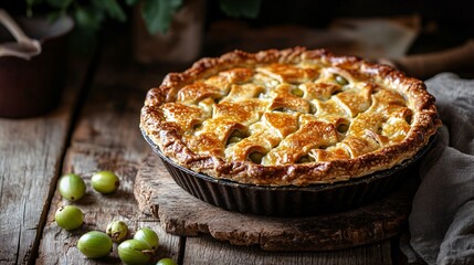 A rustic kitchen scene with a freshly baked gooseberry pie, golden and bubbling, set on a wooden table with a scattering of fresh gooseberries around