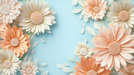 Wall Mural - A serene arrangement of paper flowers in soft peach and cream tones against a light blue background.