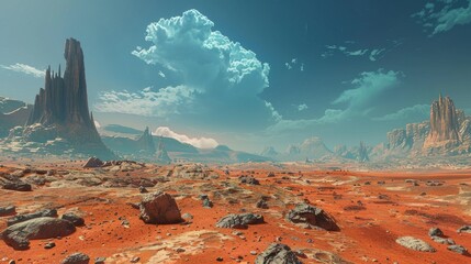 Wall Mural - Vast red desert landscape with towering rock formations under a blue sky