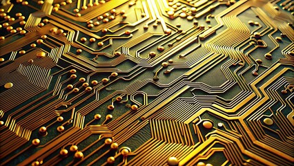 Poster - Close-up of intricate circuit board with golden filaments and particles, technology, electronics, motherboard