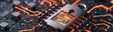 Digital lock interface, glowing security codes, dark tech background, futuristic feel