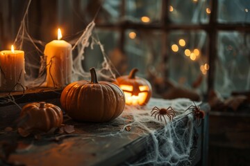 Wall Mural - Halloween pumpkins and candles with spider and cobweb in dark rustic setting spooky holiday atmosphere concept