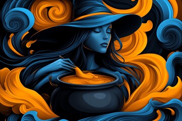 Poster - A witch practicing divination with a cauldron
