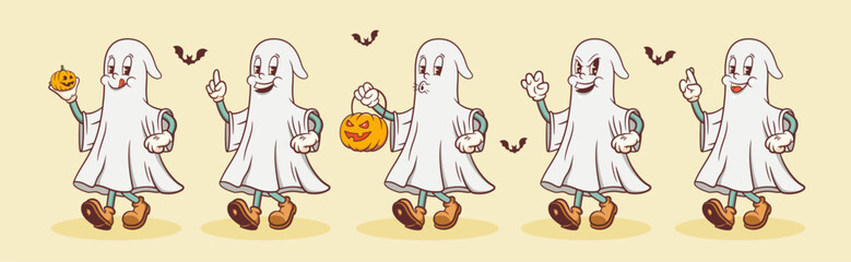 Wall Mural - halloween groovy ghost with pumpkin retro characters set. cartoon personage walking with jack o lant