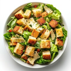 Wall Mural - A colorful bowl of salad with crumbled cheese and slices of bread.