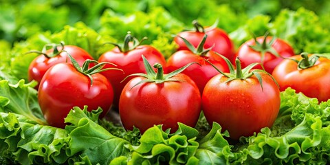 Fresh tomatoes sitting on a bed of vibrant green lettuce , salad, healthy, organic, farm fresh, vegetarian, ingredients, close-up