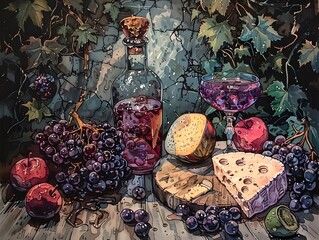 Wall Mural - Still Life with Wine, Grapes, Cheese, and Apples.