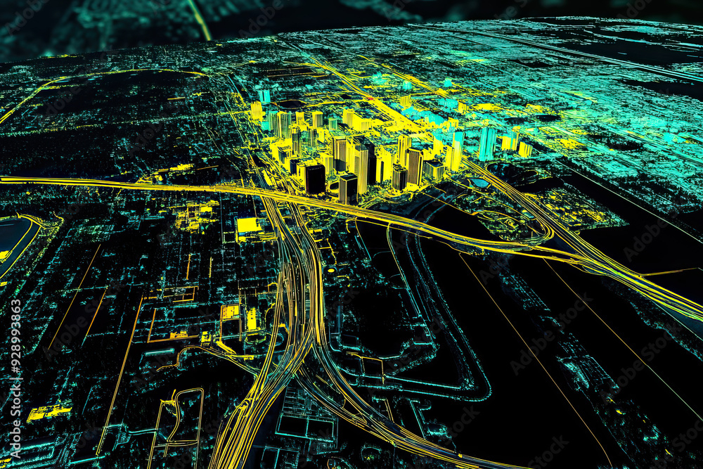Technical aerial visual, 3D LiDAR GIS aerial map satellite scan model ...