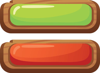 Green and red buttons. Cartoon wood ui element