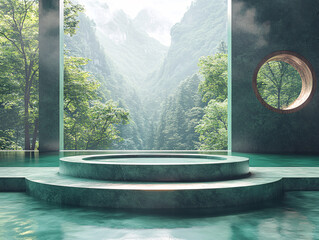 Wall Mural - 3D rendering of a luxurious round infinity pool with a stone border, situated in a serene natural setting surrounded by green trees and majestic mountains.