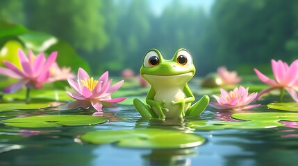 Wall Mural - Cheerful Green Frog Cartoon Hopping Among Vibrant Lily Pads - Animated Film Legend