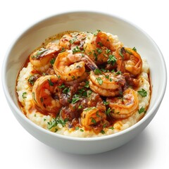 Wall Mural - A white bowl filled with a delicious dish of shrimp and grits, topped with herbs for added flavor.