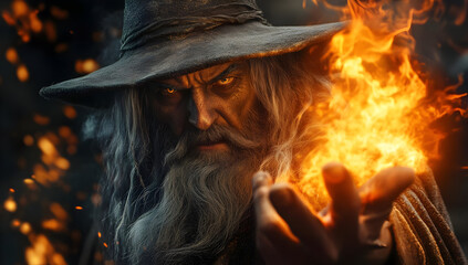 A powerful wizard conjures fire with intense focus, showcasing magic and mystique in a dark, enchanting atmosphere.