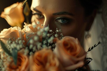 Poster - A woman hides behind a bouquet of flowers, concealing her identity