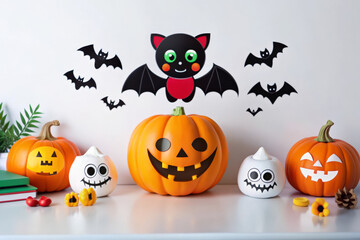 Canvas Print - Happy Halloween Pumpkins with Bats and Ghost Decorations - A festive Halloween scene with pumpkins decorated with jack-o'-lantern faces, cute bats, and a friendly ghost, creating a fun and welcoming a