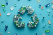 © sornram - Colorful collection of recycled plastic waste arranged in a recycling symbol on a vibrant blue background.