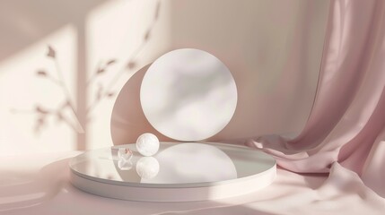 Canvas Print - Soft pastel shadows and curtains frame a serene scene with a round mirror and delicate objects on a reflective surface, creating a minimalist and tranquil atmosphere.